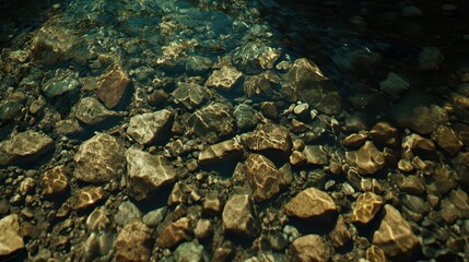 Glistening wet stones in a clear mountain stream environment