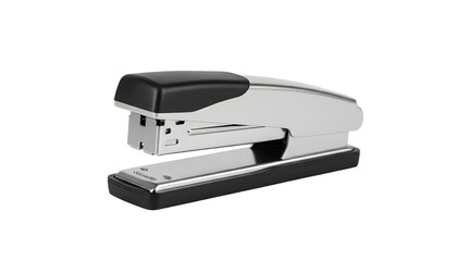 A modern, sleek silver and black stapler, essential office supply tool for fastening papers, captured in a detailed studio shot with a clean transparent background, ready for professional use.