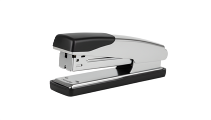 A modern, sleek silver and black stapler, essential office supply tool for fastening papers, captured in a detailed studio shot with a clean transparent background, ready for professional use.