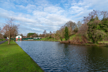 Warminster pleasure grounds, with the former boathouse now a public toilet. Tennis courts and bandstand.