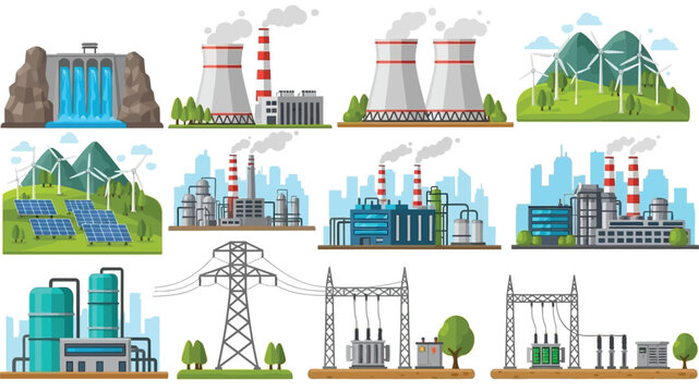 Diverse energy sources including wind solar hydro and industrial power plants depicted