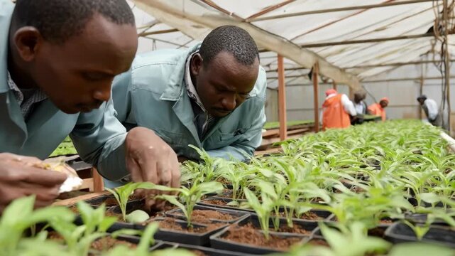 Footage of botanists measuring yieldfocused hybrid saplings in a greenhouse emphasizing data collection for agricultural productivity.