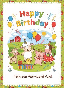 A colorful birthday card featuring cartoon animals celebrating with balloons, gifts, and a cheerful farm background.