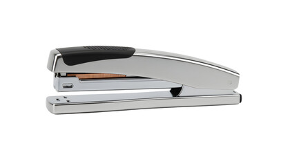 Professional silver chrome metal stapler with a black rubberized grip and visible copper staples, perfect for office supplies, business stationery, and desktop organization projects.