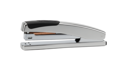 Professional silver chrome metal stapler with a black rubberized grip and visible copper staples, perfect for office supplies, business stationery, and desktop organization projects.