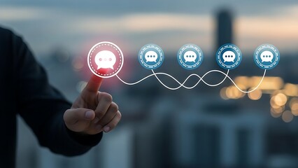 A person interacting with a futuristic interface of interconnected human profiles in a cityscape at dusk or dawn