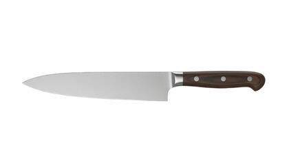 Professional chef knife with a sharp stainless steel blade and a dark brown wooden handle featuring three silver rivets, isolated on a transparent background for culinary and kitchen tool design.