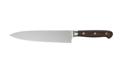 Professional chef knife with a sharp stainless steel blade and a dark brown wooden handle featuring three silver rivets, isolated on a transparent background for culinary and kitchen tool design.
