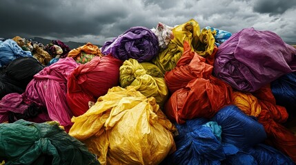Colorful Bundles of Scavenged Plastic Sheets Under Dark Clouds