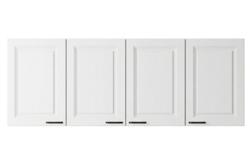 Row of four white wooden kitchen wall cabinet cupboards isolated on a transparent background