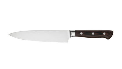 Professional chef knife with a sharp Damascus steel blade and dark wood handle featuring triple rivets, isolated on a transparent background for culinary and kitchen tool graphic design.