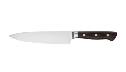 Professional chef knife with a sharp Damascus steel blade and dark wood handle featuring triple rivets, isolated on a transparent background for culinary and kitchen tool graphic design.