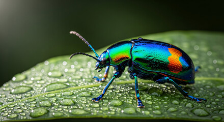 Fototapeta premium Vibrant beetle perched on a green leaf with water droplets close up view