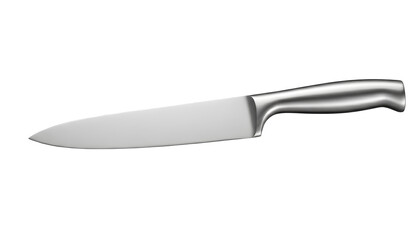 Modern professional chef's knife with a sharp stainless steel blade and ergonomic silver handle, essential kitchen utensil for cooking and food preparation, isolated on a transparent background.