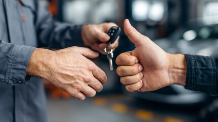 Fototapeta premium Close-up view of hands exchanging car keys and giving a thumbs up, symbolizing a successful transaction or service
