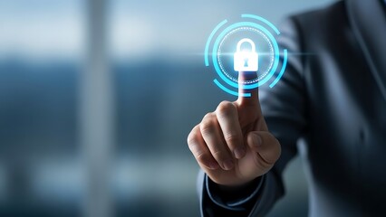 A person in a suit interacting with a glowing blue lock icon on their fingertip in a blurred office background setting