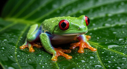 Fototapeta premium Vibrant red eyed tree frog perched on lush green leaf with water droplets
