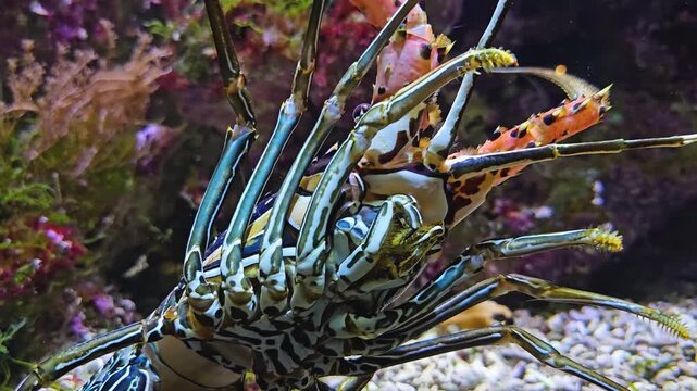 Close up of a colorful lobster standing up and moving around his legs on ther sea ground underwater