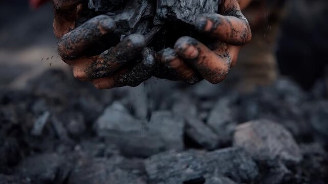 Footage of hands spreading chunky pine biochar over farmland illustrating carbonrich soil additive supporting longterm soil fertility.