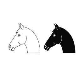 A striking black and white illustration depicts two horse heads facing right showcasing contrasting forms and elegant equine features