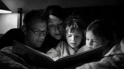Family reading a Braille storybook together during bedtime