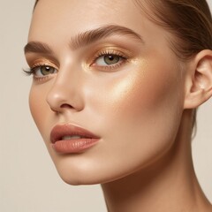 Fototapeta premium Radiant glow with golden shimmer and perfectly sculpted features for a glamorous look