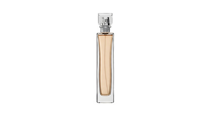 Elegant luxury perfume bottle with golden amber fragrance liquid and clear cap, isolated on a transparent background, a sophisticated cosmetic product for beauty and personal care.