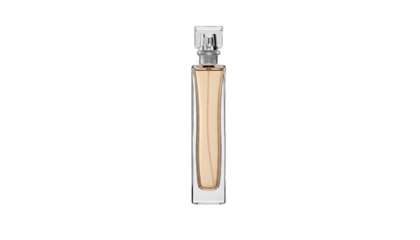 Elegant luxury perfume bottle with golden amber fragrance liquid and clear cap, isolated on a transparent background, a sophisticated cosmetic product for beauty and personal care.