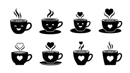 Set of steaming coffee cups silhouettes featuring cute smiling faces and stylized hearts symbolizing warmth and affection