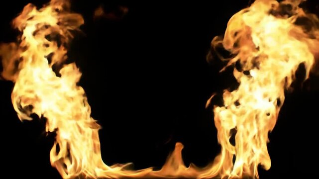 Isolated flame on black background; fiery orange fire tongues dancing.
