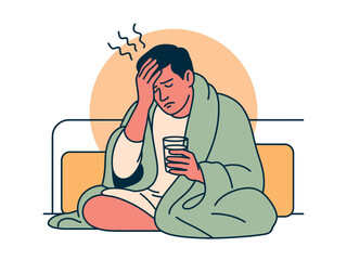 Sick man sitting on bed with fever and headache, feeling unwell at home