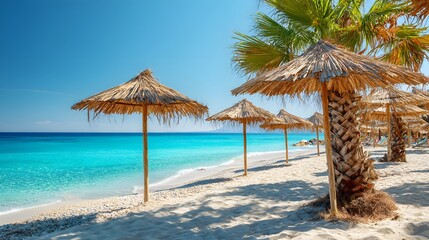 Row of thatched sun umbrellas lines a bright tropical beach beside turquoise water