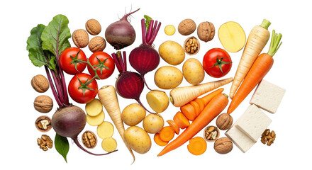Fresh vegetables and nuts arranged on white background