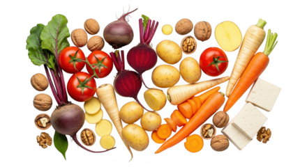 Fresh vegetables and nuts arranged on white background