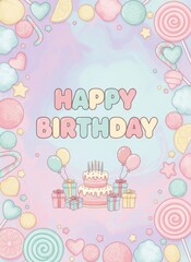 Fototapeta premium A colorful, playful birthday card design featuring sweets, balloons, and a cake, with the text 