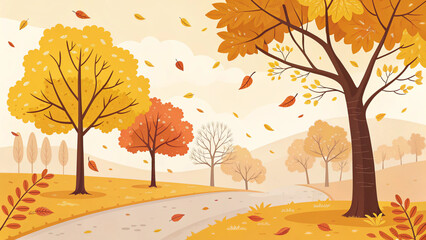 Leaves Turning Yellow and Falling – seasonal time change, autumn vector scene