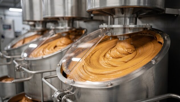 Medium shot of industrial mechanical mixers blending peanut butter to evenly distribute oil showcasing advanced techniques in minimizing oil pooling.