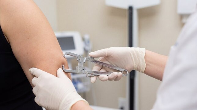 Body fat caliper check in clinic. Gloved hands use caliper to measure skinfold on upper arm, body fat screening for world health day, new year weight loss plan, medical wellness concept