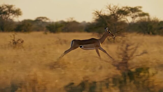 Running impala in the African savanna at sunset. Wildlife animal in nature. Nature scene with wildlife running across golden grassland.