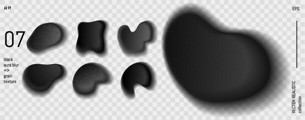 Black aura gradient shape. Abstract blur blob set with digital noise texture. Fluid grey y2k element with soft watercolor ombre and grain overlay. Liquid dark bubble with smooth goth palette flow