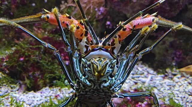 Close up of a colorful lobster standing up and moving around his legs on ther sea ground underwater