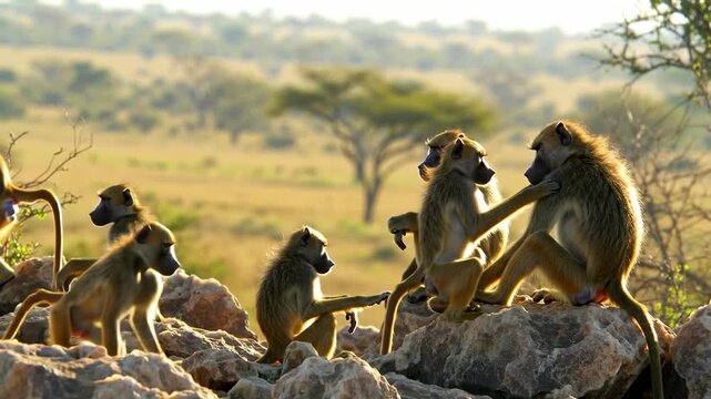 Group of baboons in African landscape. Wildlife animals sitting on rocks in nature.