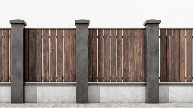 Nice brown wooden fence around house isolated white. Garden vinyl fence built with a gray concrete pillar columns surrounding yard. Outdoor. Security and privacy concept. Residential neighborhood.