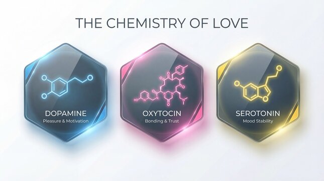 Love hormone icons glow in glass; each hormone label shows dopamine oxytocin serotonin linked with mood trust motivation concept for brain hormone science plus romantic connection infographic style