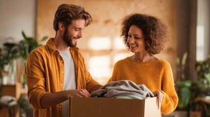 Couple sorting folded clothes into a cardboard box indoors as part of a home donation and organization activity.