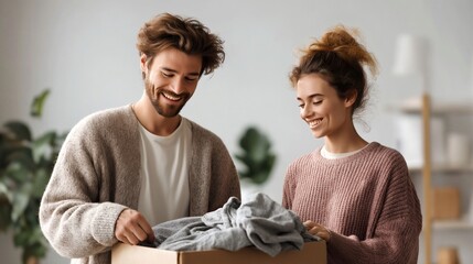 Young couple placing clothes into a cardboard box indoors as part of a donation and household decluttering activity.