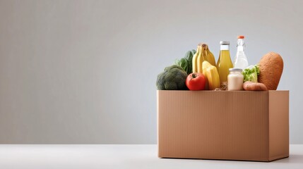 Cardboard box filled with fresh food including vegetables, bananas, bread, milk, and bottled drinks prepared for food donation or grocery assistance.