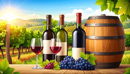 Fototapeta premium Bottles And Wineglasses With Grapes And Barrel In Rural Scene