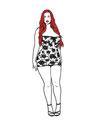 Fashion illustration of a curvy woman with long red hair. Female model wearing a floral print mini dress isolated on white