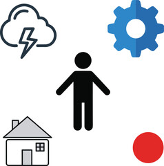 human-centered design, environmental icons, technology gear, home symbol, alert circle, black vector, conceptual layout, interaction theme, symbolic art